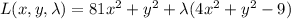 L(x,y,\lambda)=81x^2+y^2+\lambda(4x^2+y^2-9)