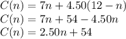 C(n) = 7n +4.50(12-n) \\ C(n) = 7n+54-4.50n \\ C(n)= 2.50n +54