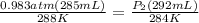 \frac{0.983 atm(285 mL)}{288 K} = \frac{P_{2}(292 mL)}{284 K}