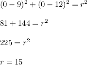 (0-9)^2+(0-12)^2=r^2\\ \\ 81+144=r^2\\ \\ 225=r^2\\ \\ r=15\\