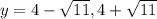 y= 4 - \sqrt{11} , 4+ \sqrt{11}