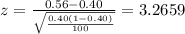 z=\frac{0.56-0.40}{\sqrt{\frac{0.40(1-0.40)}{100}}}=3.2659