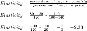 Elasticity = \frac{percentage\ change\ in\ quantity}{percentage\ change\ in\ price}\\\\Elasticity = \frac{80-120}{120} *  \frac{140}{160-140}\\\\Elasticity = \frac{-40}{120} *  \frac{140}{20} = -\frac{7}{3} = -2.33