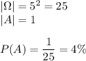 |\Omega|=5^2=25\\ |A|=1\\\\ P(A)=\dfrac{1}{25}=4\%
