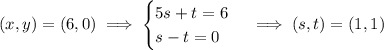 (x,y)=(6,0)\implies\begin{cases}5s+t=6\\s-t=0\end{cases}\implies(s,t)=(1,1)