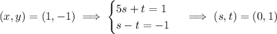 (x,y)=(1,-1)\implies\begin{cases}5s+t=1\\s-t=-1\end{cases}\implies(s,t)=(0,1)