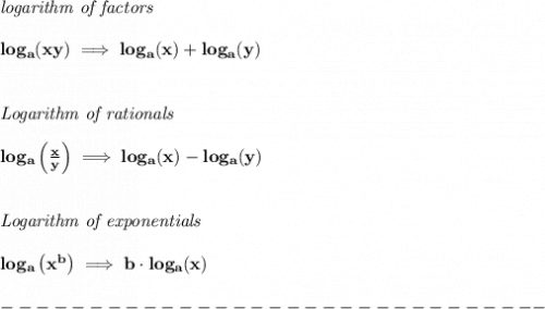 \bf \textit{logarithm of factors} \\\\ log_a(xy)\implies log_a(x)+log_a(y) \\\\\\ \textit{Logarithm of rationals} \\\\ log_a\left(  \frac{x}{y}\right)\implies log_a(x)-log_a(y) \\\\\\ \textit{Logarithm of exponentials} \\\\ log_a\left( x^b \right)\implies   b\cdot log_a(x)\\\\ -------------------------------