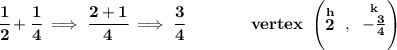 \bf \cfrac{1}{2}+\cfrac{1}{4}\implies \cfrac{2+1}{4}\implies \cfrac{3}{4}\qquad \qquad vertex~\left(\stackrel{h}{2}~,~\stackrel{k}{-\frac{3}{4}}  \right)