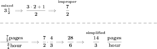 \bf \stackrel{mixed}{3\frac{1}{2}}\implies \cfrac{3\cdot 2+1}{2}\implies \stackrel{improper}{\cfrac{7}{2}}\\\\ -------------------------------\\\\ \cfrac{\quad \frac{7}{2}pages\quad }{\frac{3}{4}hour}\implies \cfrac{7}{2}\cdot \cfrac{4}{3}\implies \cfrac{28}{6}\implies \stackrel{simplified}{\cfrac{14}{3}}\cfrac{pages}{hour}