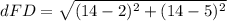 dFD=\sqrt{(14-2)^{2}+(14-5)^{2}}