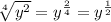 \sqrt[4]{y^2} =y^\frac{2}{4} =y^\frac{1}{2}