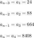 a_{n-3}=a_1=24\\ \\ a_{n-2}=a_2=88\\ \\ a_{n-1}=a_3=664\\ \\ a_n=a_4=8408