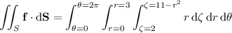\displaystyle\iint_S\mathbf f\cdot\mathrm d\mathbf S=\int_{\theta=0}^{\theta=2\pi}\int_{r=0}^{r=3}\int_{\zeta=2}^{\zeta=11-r^2}r\,\mathrm d\zeta\,\mathrm dr\,\mathrm d\theta