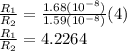 \frac{R_1}{R_2}=\frac{1.68(10^{-8})  }{1.59(10^{-8}) } (4)\\ \frac{R_1}{R_2}=4.2264