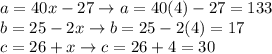a=40x-27\to a=40(4)-27=133\\b=25-2x\to b=25-2(4)=17\\c=26+x\to c=26+4=30