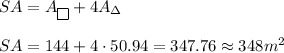 SA=A_\boxed{ }}+4A_\Delta\\\\SA=144+4\cdot50.94=347.76\approx348 m^2