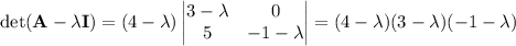 \det(\mathbf A-\lambda\mathbf I)=(4-\lambda)\begin{vmatrix}3-\lambda&0\\5&-1-\lambda\end{vmatrix}=(4-\lambda)(3-\lambda)(-1-\lambda)