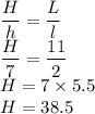 \dfrac{H}{h}=\dfrac{L}{l}\\\dfrac{H}{7}=\dfrac{11}{2}\\H=7\times 5.5\\H=38.5