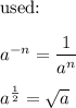 \text{used:}\\\\a^{-n}=\dfrac{1}{a^n}\\\\a^\frac{1}{2}=\sqrt{a}