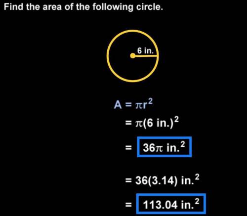 What is the exact area of a circle having radius 6 in.?