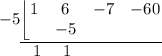 -5 \underline{\left \lfloor{ \begin{matrix}1 & 6 & -7 &-60 \\  &-5  &  & \end{matrix}}} \underset \hspace {} \hspace {0.6 cm} 1 \  \  \ 1