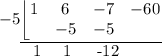 -5 \underline{\left \lfloor{ \begin{matrix}1 & 6 & -7 &-60 \\  &-5  & -5 & \end{matrix}}} \underset \hspace {} \hspace {0.6 cm} 1 \  \  \ 1  \hspace {0.3 cm} -12