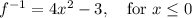 f^{-1} = 4x^2-3,\quad\text{for  } x \leq 0