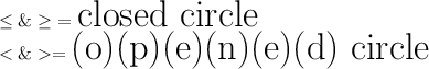 \leq \& \geq \ = \huge\text{closed circle}\\ < \&  = \huge\text{(o)(p)(e)(n)(e)(d) circle}