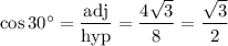 \cos 30^\circ = \dfrac{\textrm{adj}}{\textrm{hyp}} = \dfrac{4\sqrt{3}}{8} = \dfrac{\sqrt{3}}{2}