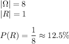 |\Omega|=8\\&#10;|R|=1\\\\&#10;P(R)=\dfrac{1}{8}\approx12.5\%
