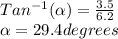 Tan^{-1}(\alpha )=\frac{3.5}{6.2}\\\alpha =29.4degrees