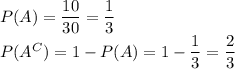 P(A)  =  \dfrac{10}{30}  =   \dfrac{1}{3}  \\ P(A^C)  = 1 - P(A)  = 1 -  \dfrac{1}{3}  =  \dfrac{2}{3}