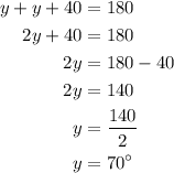 \begin{aligned}y+y+40&=180\\2y+40&=180\\2y&=180-40\\2y&=140\\y&=\frac{{140}}{2}\\y&={70^ \circ }\\\end{aligned}