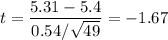 t = \dfrac{5.31- 5.4}{ 0.54 / \sqrt{49}}= -1.67