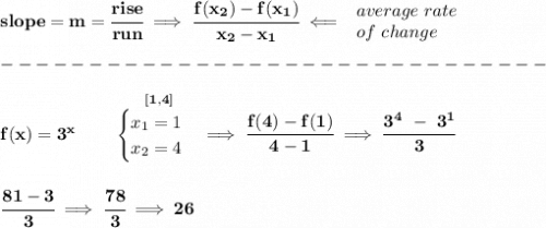 \bf slope = m = \cfrac{rise}{run} \implies &#10;\cfrac{ f(x_2) - f(x_1)}{ x_2 - x_1}\impliedby &#10;\begin{array}{llll}&#10;average~rate\\&#10;of~change&#10;\end{array}\\\\&#10;-------------------------------\\\\&#10;f(x)= 3^x  \qquad &#10;\stackrel{[1,4]}{\begin{cases}&#10;x_1=1\\&#10;x_2=4&#10;\end{cases}}\implies \cfrac{f(4)-f(1)}{4-1}\implies \cfrac{3^4~-~3^1}{3}&#10;\\\\\\&#10;\cfrac{81-3}{3}\implies \cfrac{78}{3}\implies 26