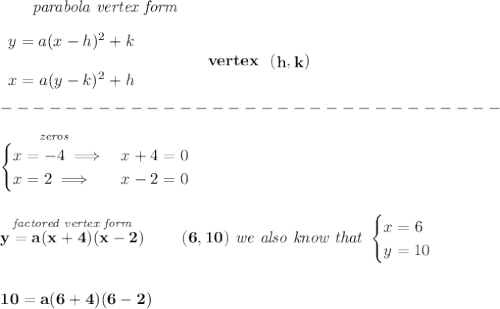 \bf ~~~~~~\textit{parabola vertex form}&#10;\\\\&#10;\begin{array}{llll}&#10;y=a(x- h)^2+ k\\\\&#10;x=a(y- k)^2+ h&#10;\end{array}&#10;\qquad\qquad&#10;vertex~~(\stackrel{}{ h},\stackrel{}{ k})\\\\&#10;-------------------------------\\\\&#10;\stackrel{\textit{zeros\qquad \qquad \qquad }}{&#10;\begin{cases}&#10;x=-4\implies &x+4=0\\&#10;x=2\implies &x-2=0&#10;\end{cases}}&#10;\\\\\\&#10;\stackrel{\textit{factored vertex form}}{y=a(x+4)(x-2)}\qquad (6,10)\textit{ we also know that }&#10;\begin{cases}&#10;x=6\\&#10;y=10&#10;\end{cases}&#10;\\\\\\&#10;10=a(6+4)(6-2)