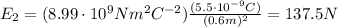 E_2 = (8.99 \cdot 10^9 Nm^2C^{-2})\frac{(5.5 \cdot 10^{-9} C)}{(0.6 m)^2}=137.5 N