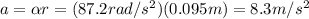 a=\alpha r=(87.2 rad/s^2)(0.095 m)=8.3 m/s^2