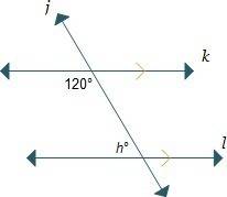 Two parallel lines are crossed by a transversal. what is the value of h?  h = 60 h = 80 h = 100 h =