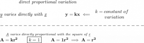 \bf \qquad \qquad \textit{direct proportional variation}&#10;\\\\&#10;\textit{\underline{y} varies directly with \underline{x}}\qquad \qquad  y=kx\impliedby &#10;\begin{array}{llll}&#10;k=constant\ of\\&#10;\qquad  variation&#10;\end{array}\\\\&#10;-------------------------------\\\\&#10;\stackrel{\textit{\underline{A} varies directly proportional with the square of \underline{r}}}{A=kr^2\qquad \boxed{k=1}\qquad A=1r^2\implies A=r^2}