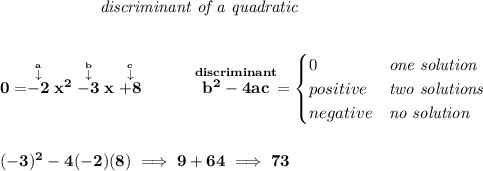 \bf \qquad \qquad \qquad \textit{discriminant of a quadratic}&#10;\\\\\\&#10;0=\stackrel{\stackrel{a}{\downarrow }}{-2}x^2\stackrel{\stackrel{b}{\downarrow }}{-3}x\stackrel{\stackrel{c}{\downarrow }}{+8}&#10;~~~~~~~~&#10;\stackrel{discriminant}{b^2-4ac}=&#10;\begin{cases}&#10;0&\textit{one solution}\\&#10;positive&\textit{two solutions}\\&#10;negative&\textit{no solution}&#10;\end{cases}&#10;\\\\\\&#10;(-3)^2-4(-2)(8)\implies 9+64\implies 73