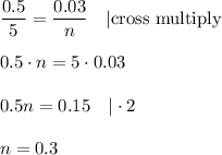 \dfrac{0.5}{5}=\dfrac{0.03}{n}\ \ \ |\text{cross multiply}\\\\0.5\cdot n=5\cdot0.03\\\\0.5n=0.15\ \ \ |\cdot2\\\\n=0.3