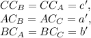 CC_B=CC_A=c', \\ AC_B=AC_C=a', \\ BC_A=BC_C=b'