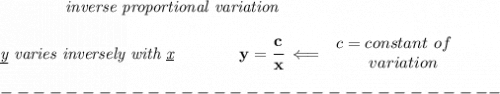 \bf \qquad \qquad \textit{inverse proportional variation}&#10;\\\\&#10;\textit{\underline{y} varies inversely with \underline{x}}\qquad \qquad  y=\cfrac{c}{x}\impliedby &#10;\begin{array}{llll}&#10;c=constant\ of\\&#10;\qquad  variation&#10;\end{array}\\\\&#10;-------------------------------