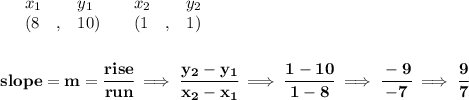 \bf \begin{array}{lllll}&#10;&x_1&y_1&x_2&y_2\\&#10;%   (a,b)&#10;&({{ 8}}\quad ,&{{ 10}})\quad &#10;%   (c,d)&#10;&({{ 1}}\quad ,&{{ 1}})&#10;\end{array}&#10;\\\\\\&#10;% slope  = m&#10;slope = {{ m}}= \cfrac{rise}{run} \implies &#10;\cfrac{{{ y_2}}-{{ y_1}}}{{{ x_2}}-{{ x_1}}}\implies \cfrac{1-10}{1-8}\implies \cfrac{-9}{-7}\implies \cfrac{9}{7}