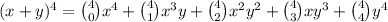 (x+y)^4=\binom{4}{0}x^4+\binom{4}{1}x^3y+\binom{4}{2}x^2y^2+\binom{4}{3}xy^3+\binom{4}{4}y^4