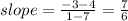 slope = \frac{ - 3 - 4}{1 - 7} =  \frac{7}{6}