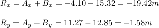 R_x=A_x+B_x=-4.10-15.32=-19.42m \\ \\ R_y=A_y+B_y=11.27-12.85=-1.58m
