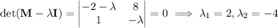 \det(\mathbf M-\lambda\mathbf I)=\begin{vmatrix}-2-\lambda&8\\1&-\lambda\end{vmatrix}=0\implies\lambda_1=2,\lambda_2=-4