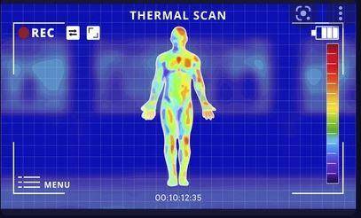 This thermogram shows a person using a computer. complete the sentence to describe the flow of therm